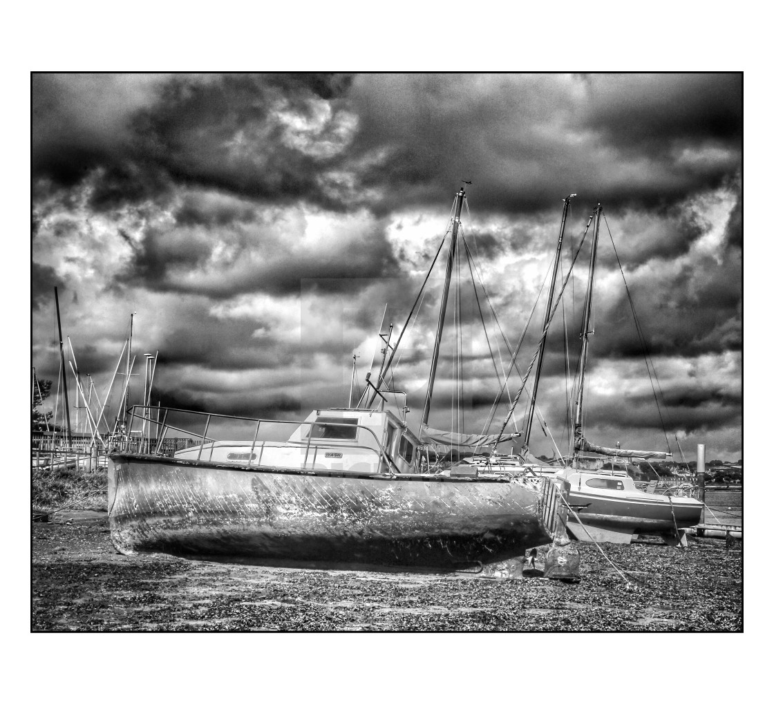 "Fishing boats at rest, mono" stock image