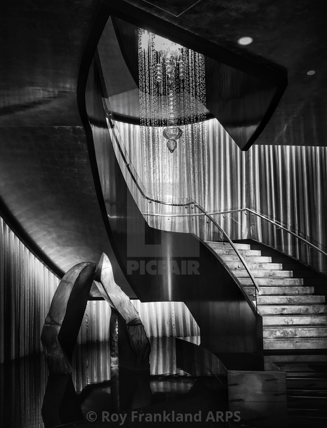 "Stairs, reflections and sculpture, mono" stock image