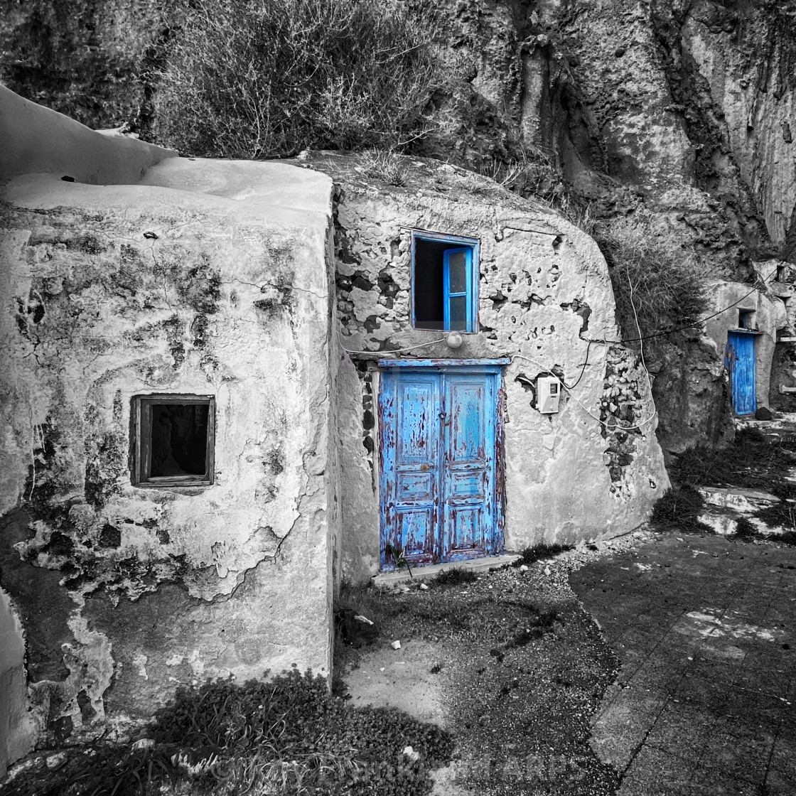 "Cave houses in Fira, Santorini, selectively coloured" stock image