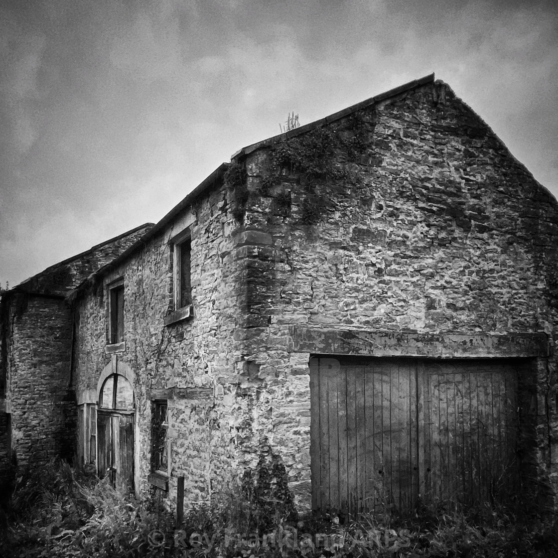 "Barn with green doors, mono" stock image