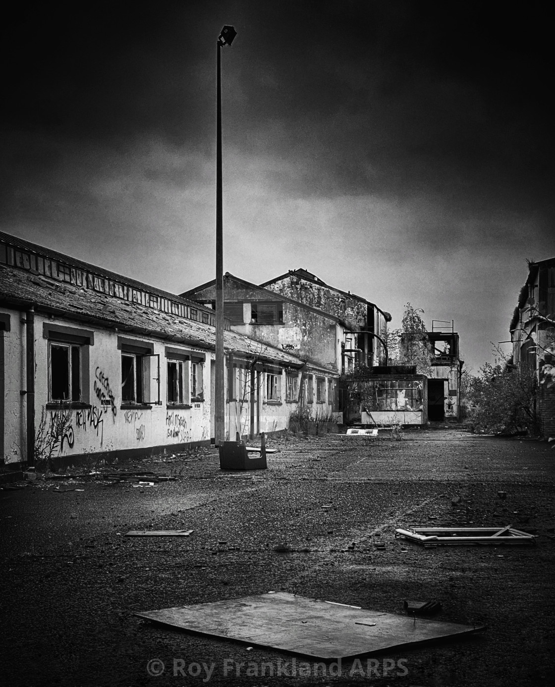 "Abandoned and derelict factory, mono" stock image