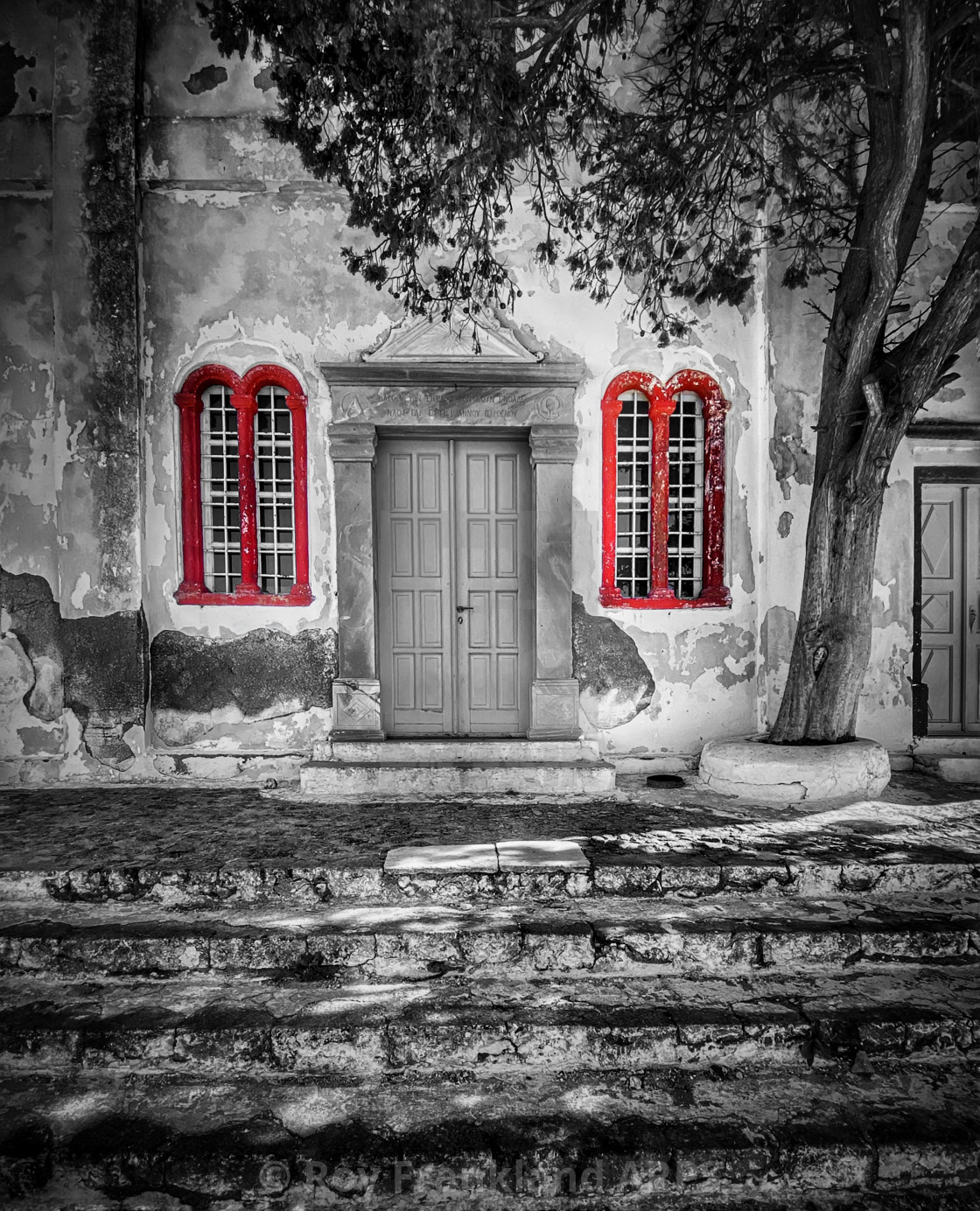 "Abandoned church, Fira, selectively coloured red" stock image