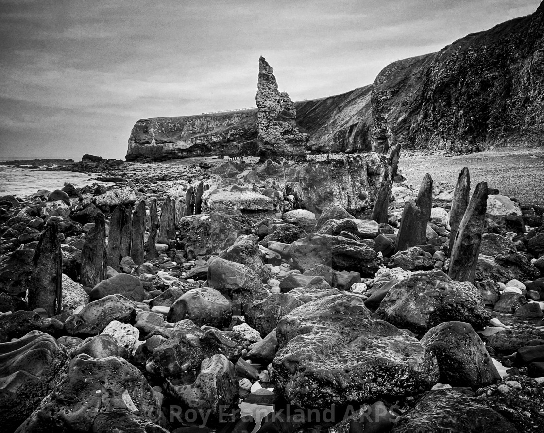 "Rocks at nose’s point, Seaham, mono" stock image