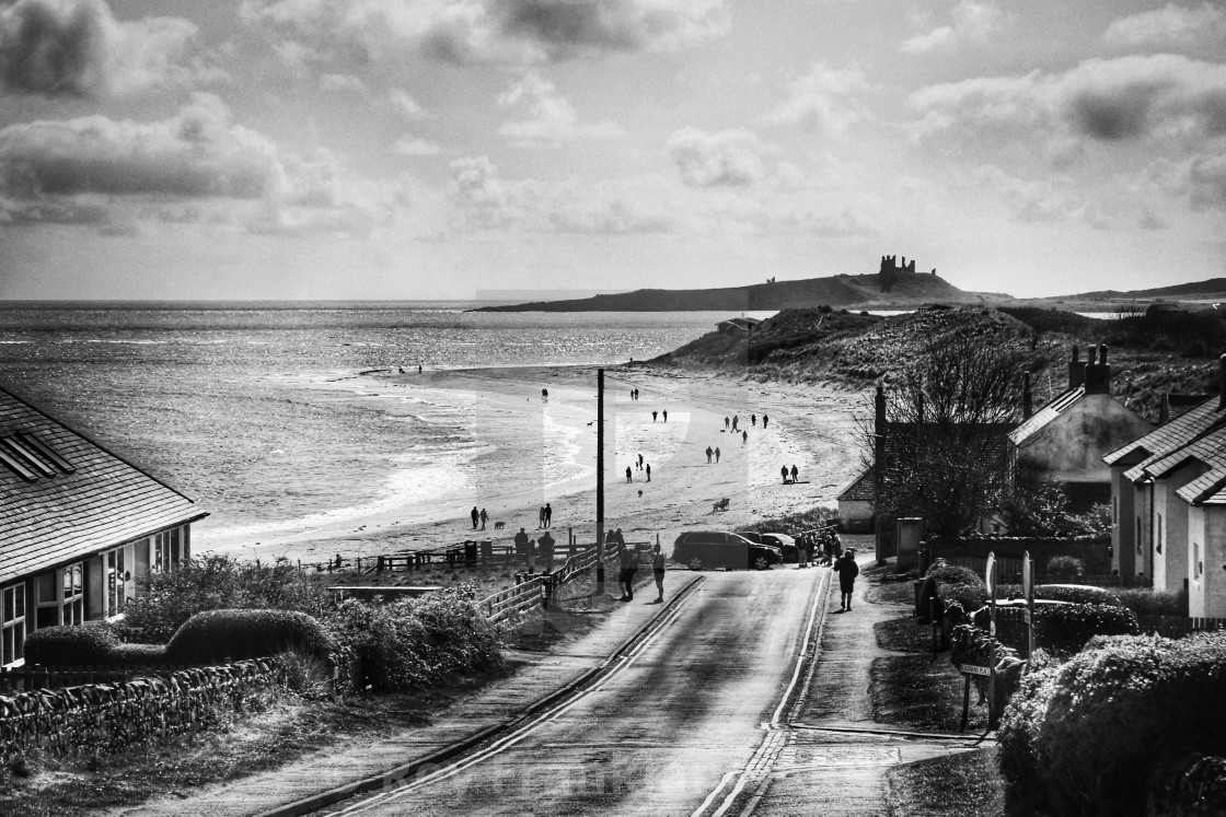 "Dunstanbrough Castle from Low Newton, mono" stock image