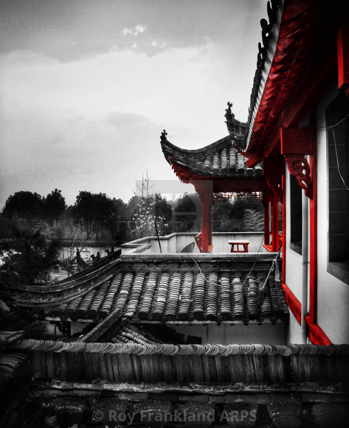 "Ancient Chinese rooftops, selective colour" stock image