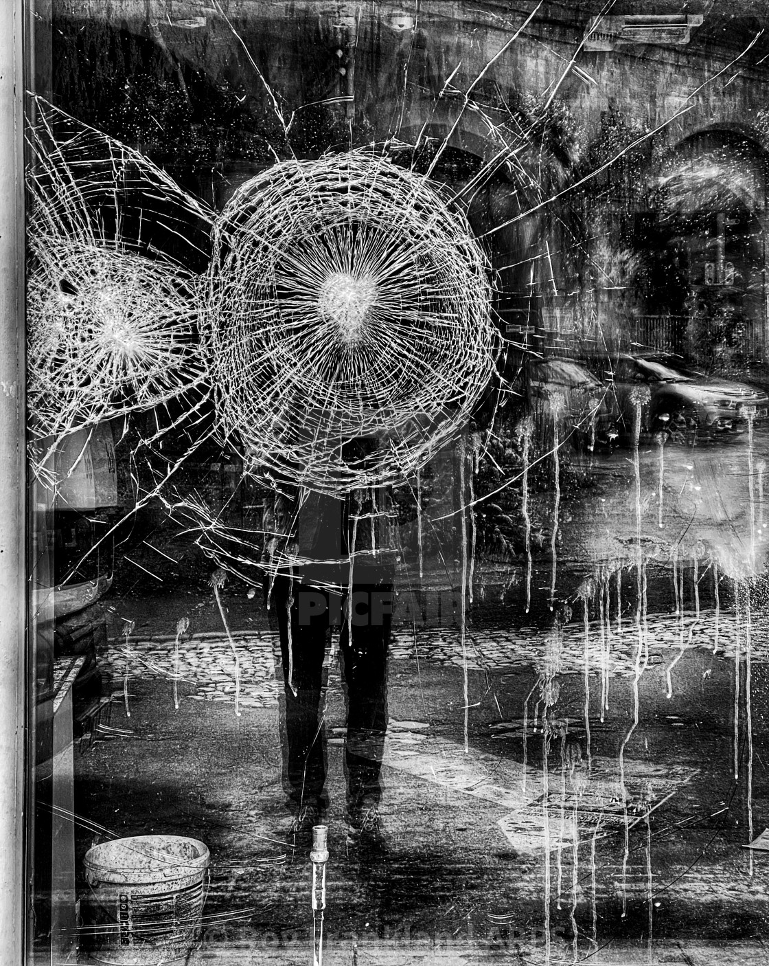 "Broken window reflection" stock image