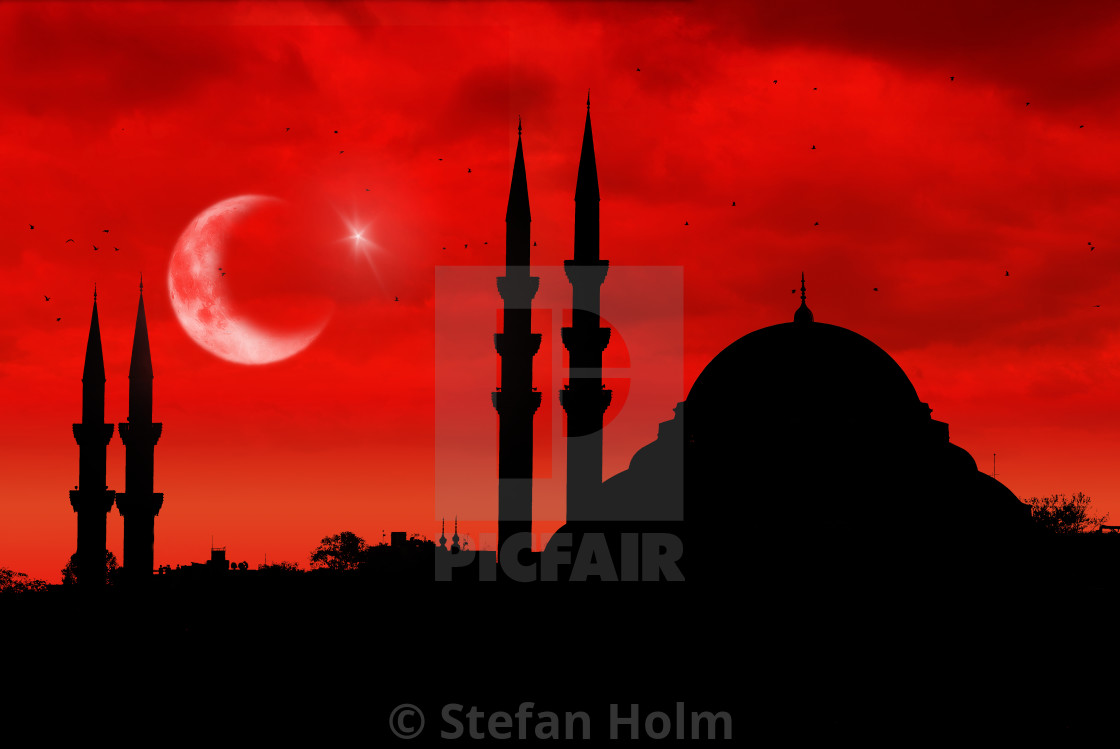 "Mosque silhouette as the turkish flag during sunset" by Stefan Holm - $6.34 "Mosque silhouette as the turkish flag during sunset" stock image