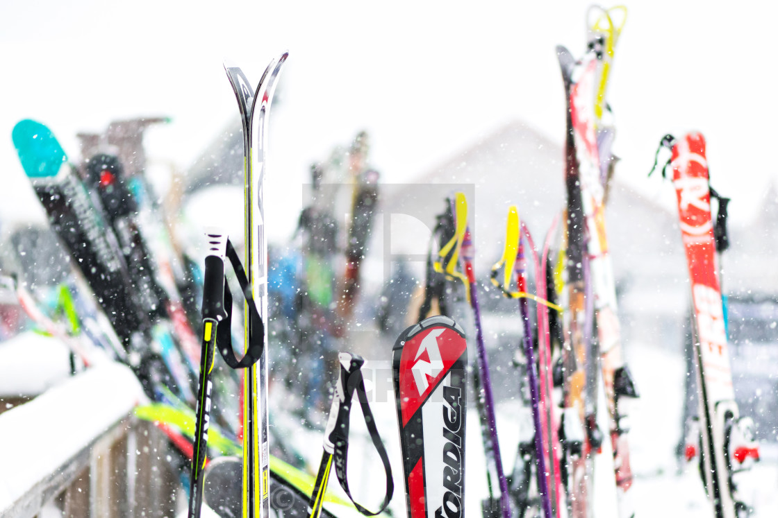 "Ski equipment in vivid colors outside the ski lounge at one of t" by Stefan Holm - $6.32 "Ski equipment in vivid colors outside the ski lounge at one of t" stock image