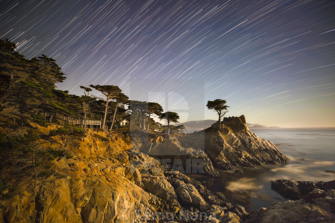 "Star Trails Over Pebble Beach" stock image