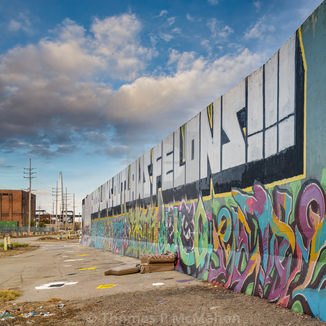 "Painted flood wall at the Missippi River" stock image