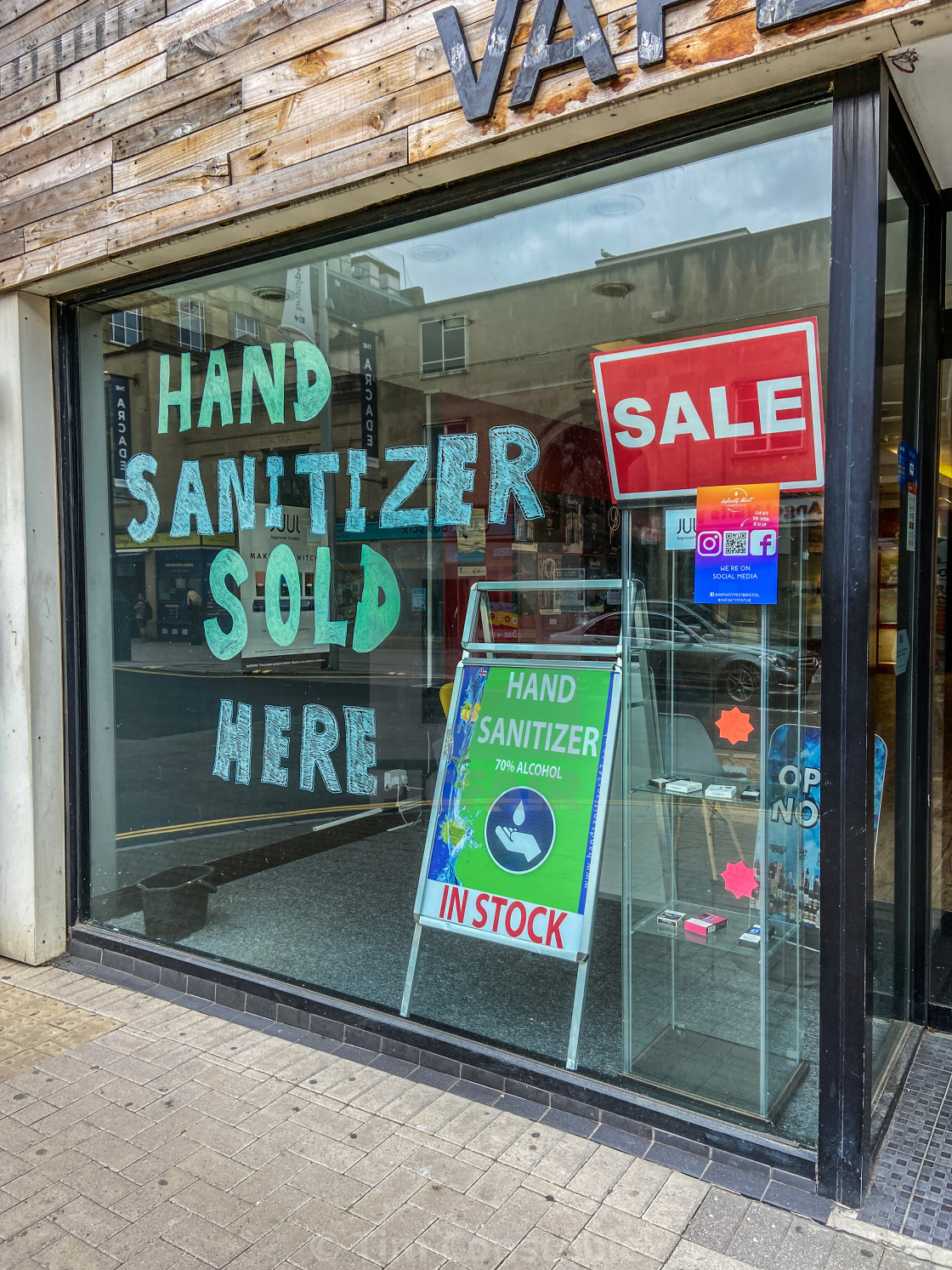 "Hand sanitizer sold here" stock image