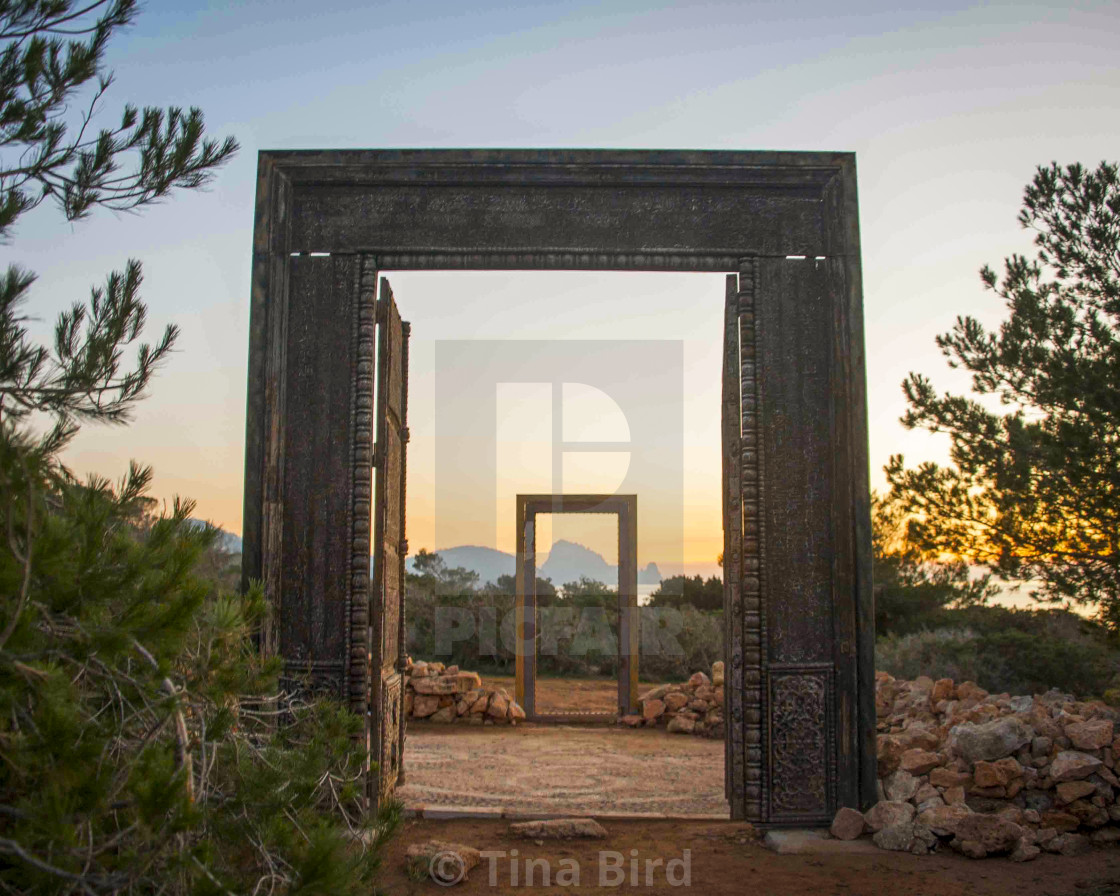 "View of Ibiza through door frame" stock image