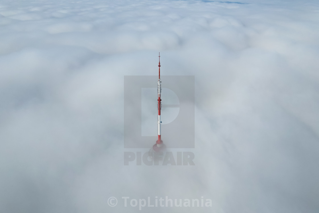 "Aerial foggy morning view of Vilnius TV Tower" stock image