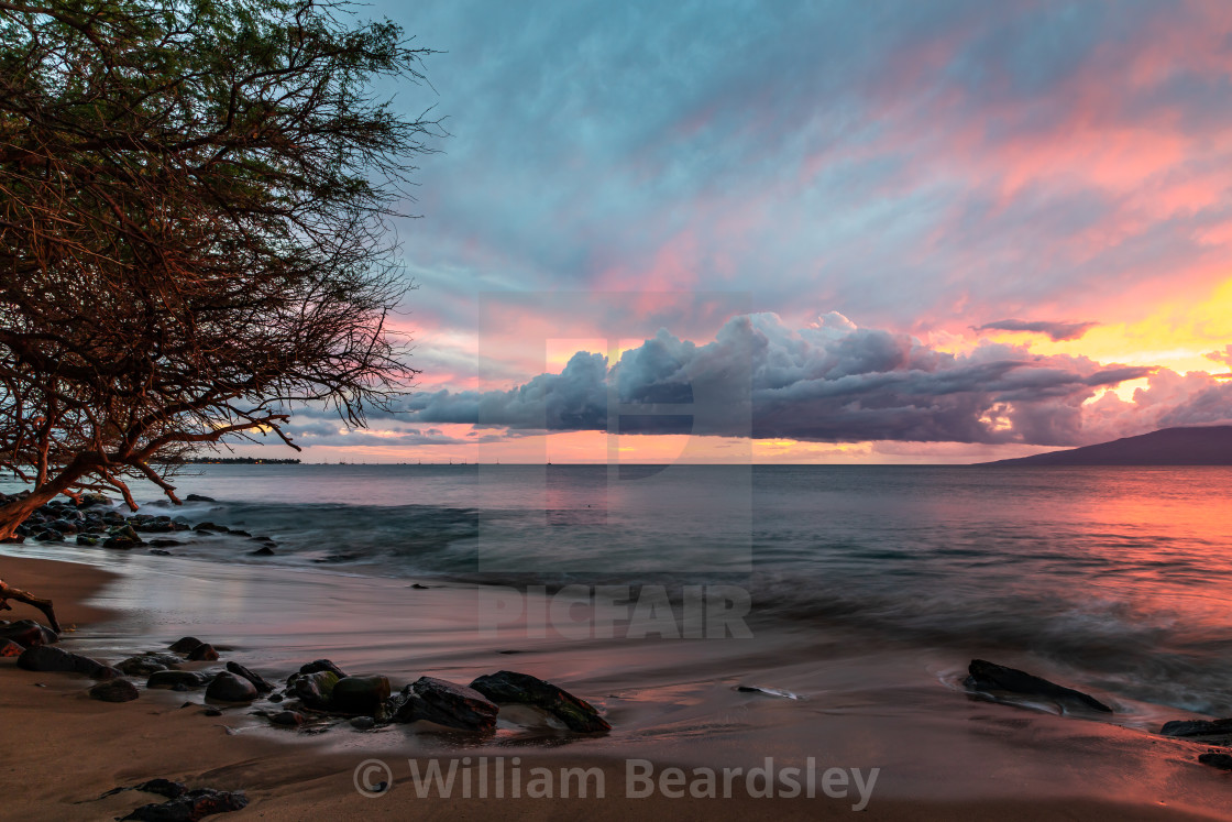 "Maui Beach Cloudy Sunset" stock image