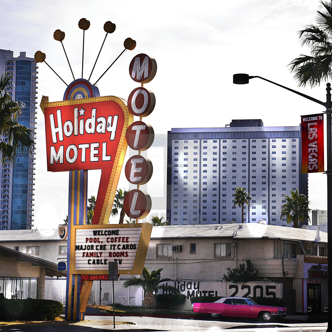 "Picure of the Holiday Motel on the Las Vegas Strip with Pink Cadillac." by Xomiele - $15.09 "Picure of the Holiday Motel on the Las Vegas Strip with Pink Cadillac." stock image
