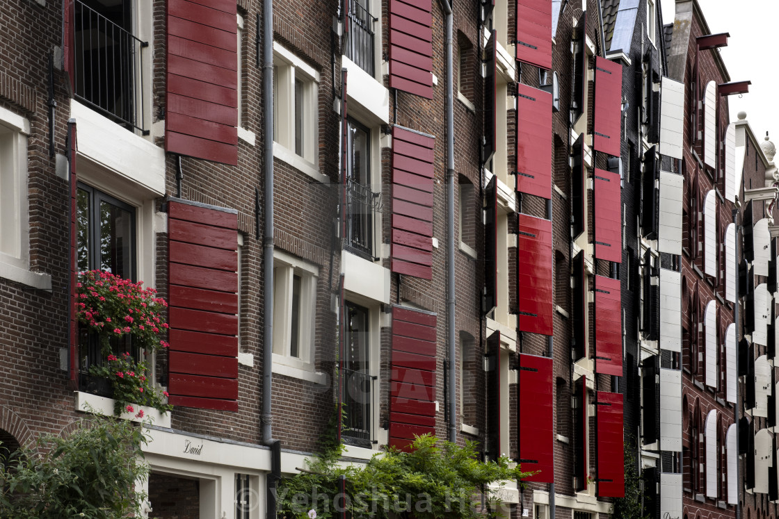 "Apartment buildings with red and white shutters in Amsterdam" by Yehoshua Halevi - $6.08 "Apartment buildings with red and white shutters in Amsterdam" stock image