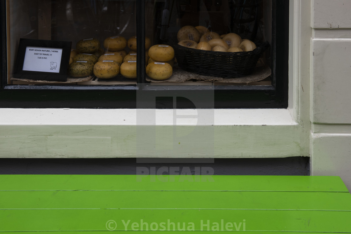 "Amsterdam cheese shop and bench" by Yehoshua Halevi - $6.08 "Amsterdam cheese shop and bench" stock image