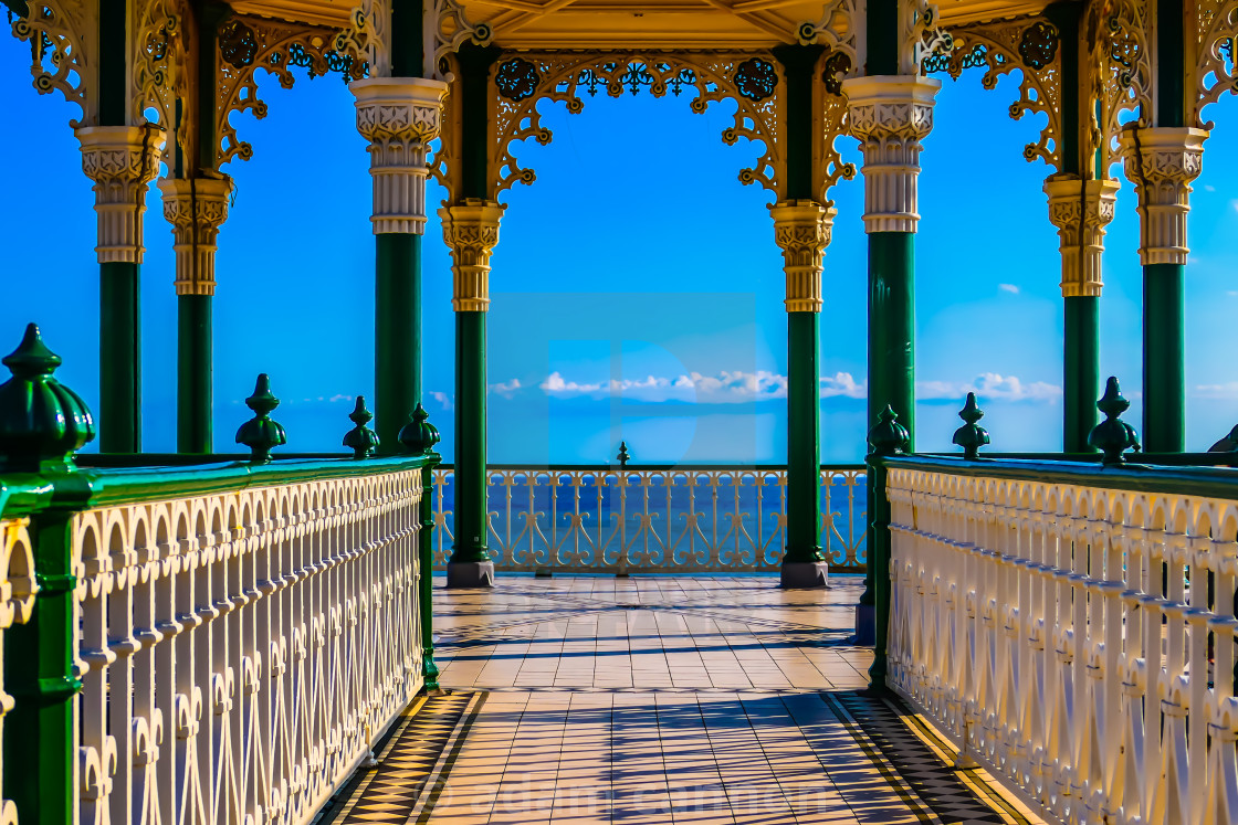 "Looking up the Brighton Bandstand against the blue sky" stock image