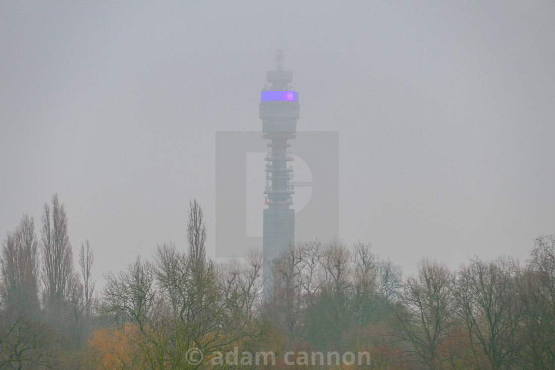 "Lockdown London, BT tower in the mist" stock image