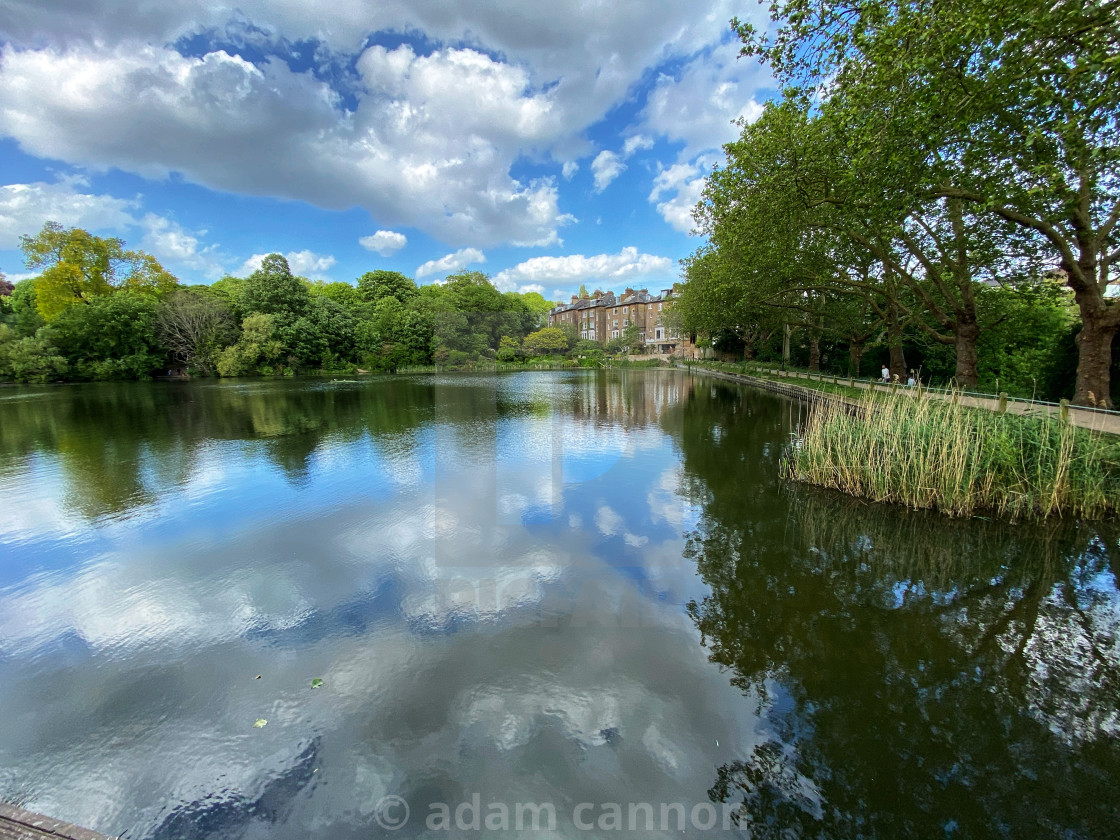 "Reflections in the lake on Hampstead Heath" stock image