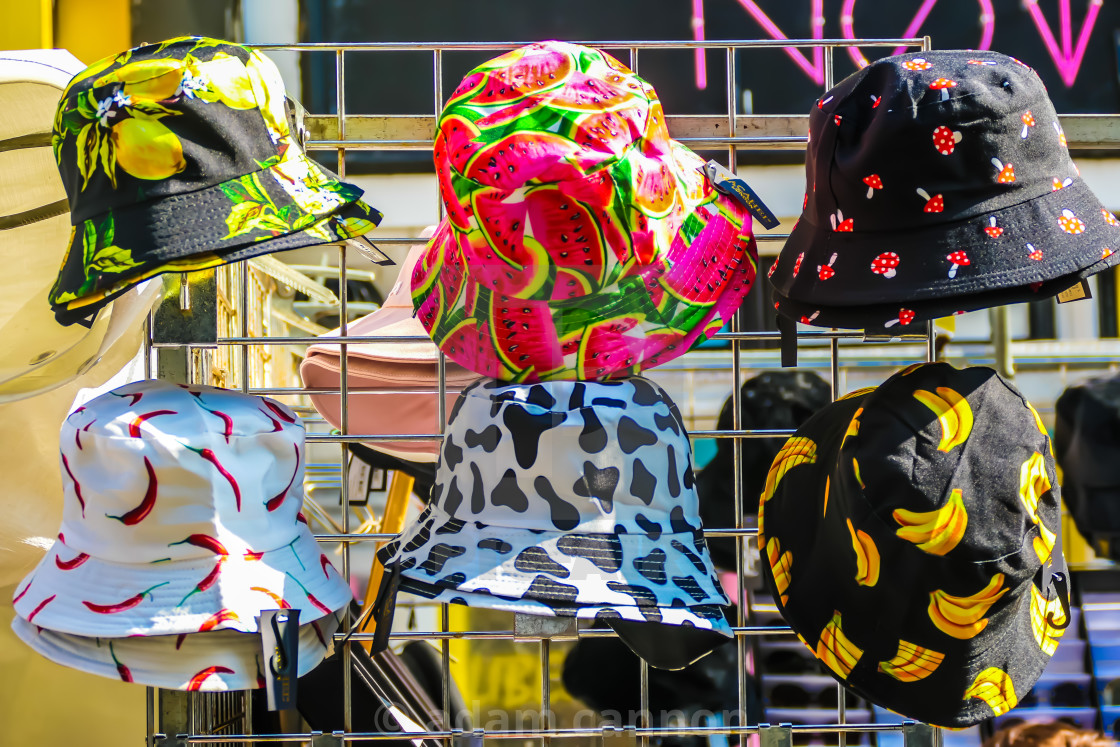 "Bucket hats for sale in the Brick lane market" stock image