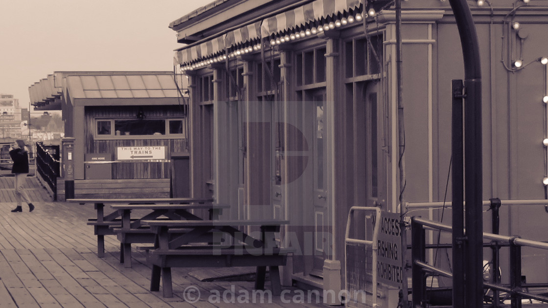 "cafe on Southend pier in black and white" stock image