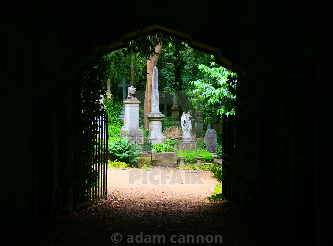 "looking down the Egyptian avenue in Highgate Cemetery" stock image