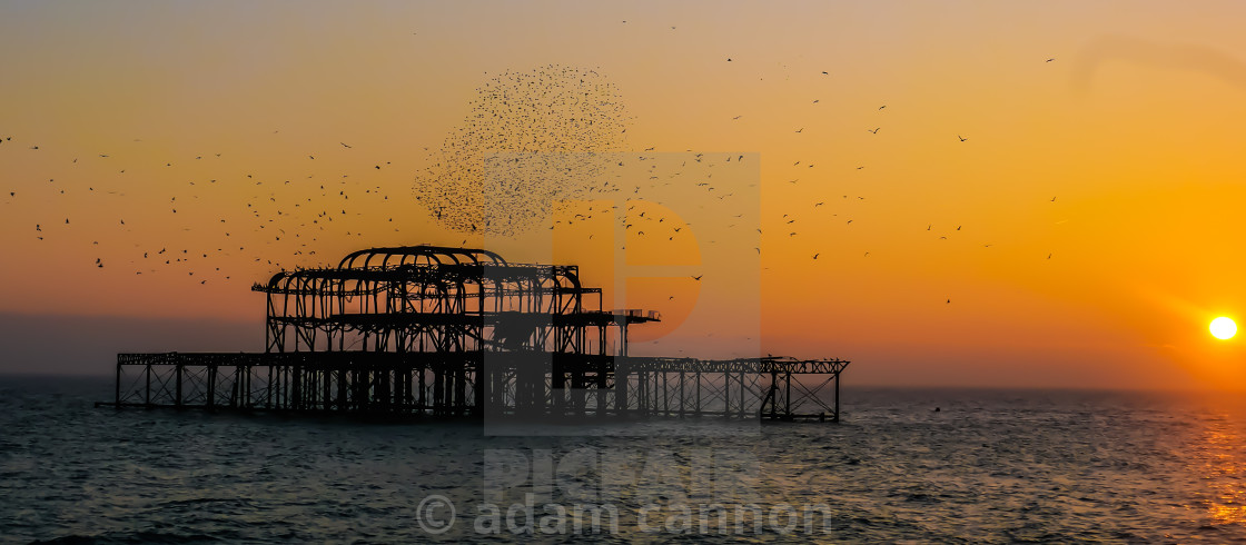 "West pier, the mumurations and a stunning winter sunset" stock image