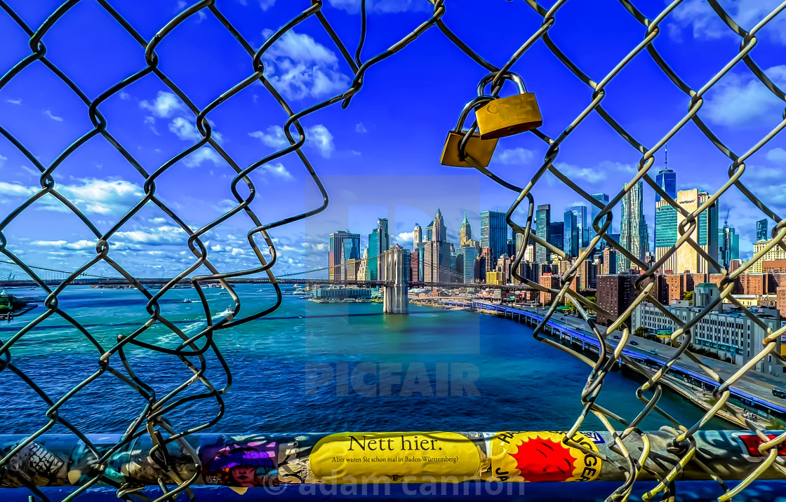 "Through the wire fence on Manhattan Bridge" stock image