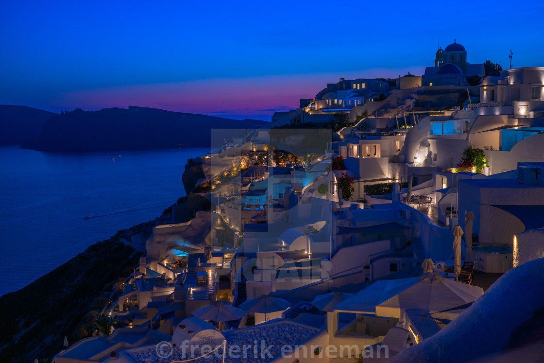 "Blue Hour in Oia Santorini Town in Greece" stock image