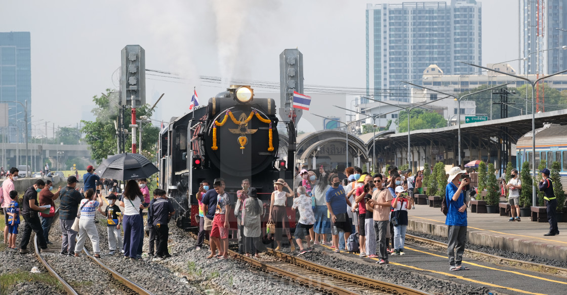 "Enthusiast crowd greets special steam train" stock image