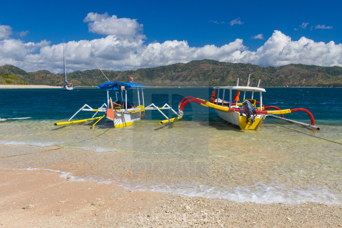 "From Gili Nanggu island, traditional fishing boats (bangka), Indonesia" stock image