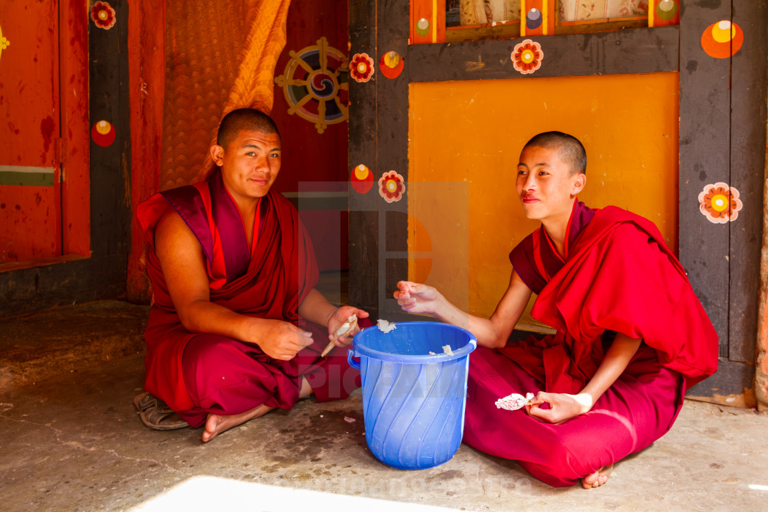 "Bhutan, young monks at Lhuentse monastery" stock image