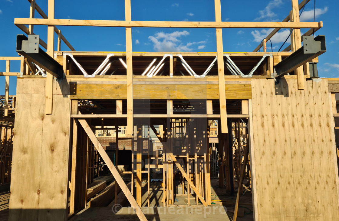 "Timber building architecture with ambient sunlight" stock image