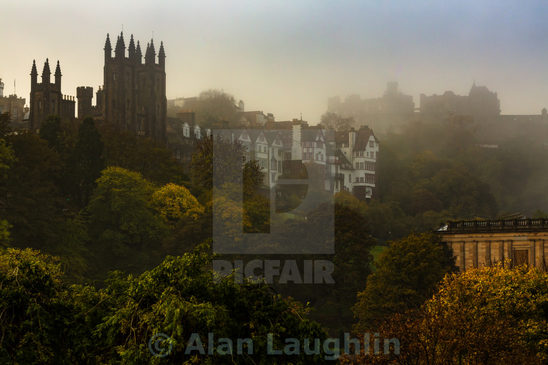 "Ramsay Gardens in mist" stock image