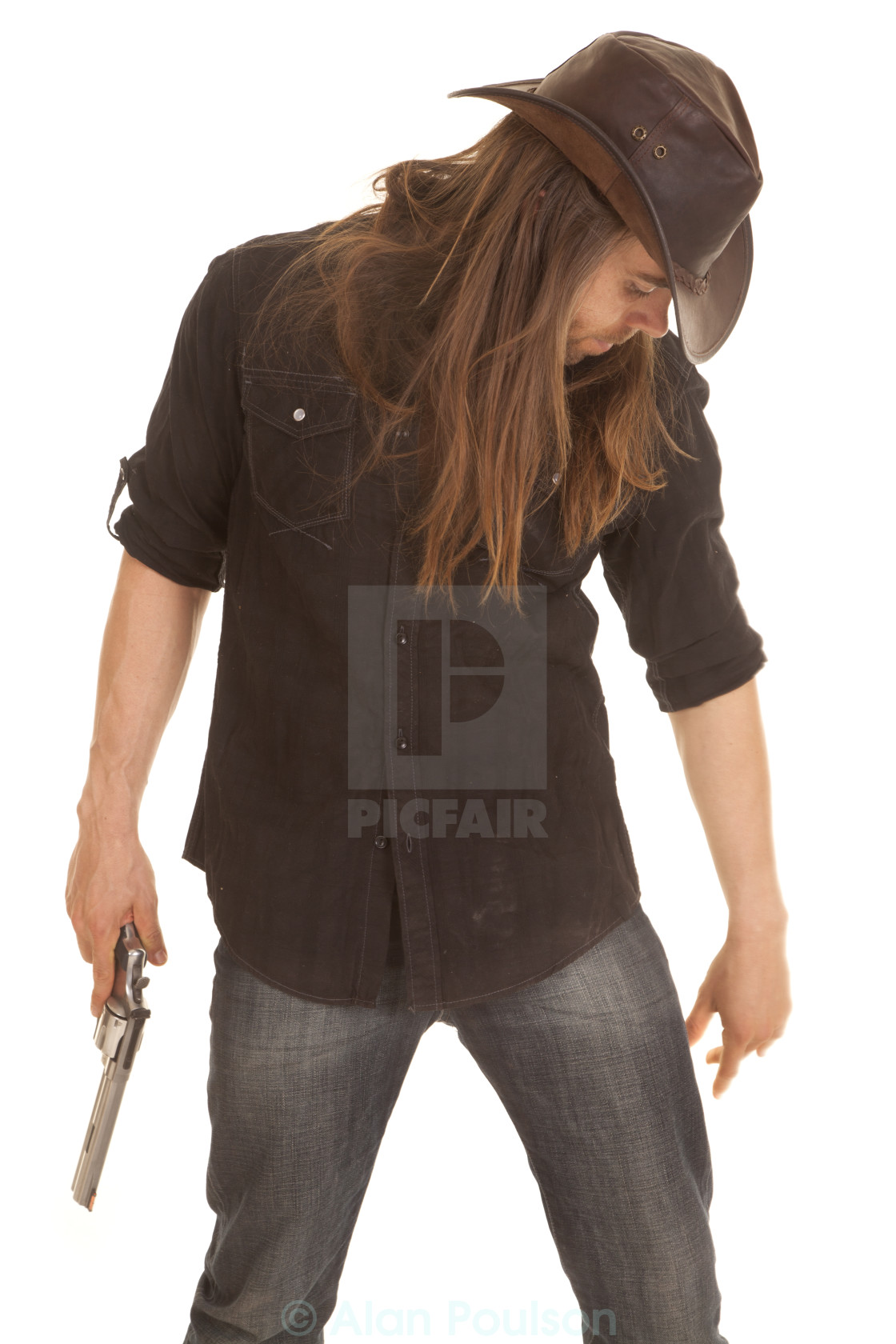 Cowboy Long Hair Hold Pistol Look Down License Download Or