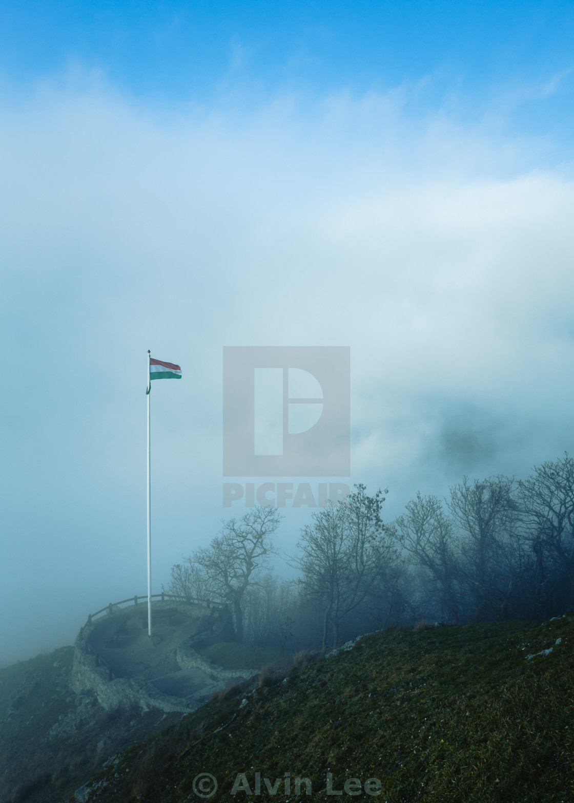 "Hungarian flag in fog" stock image