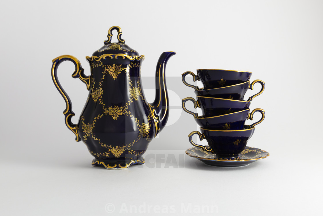 "Beautiful cobalt blue colored vintage porcelain tea set with gol" stock image