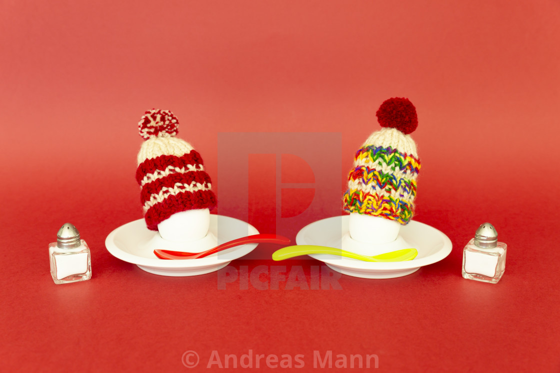 "Funny breakfast concept with boiled eggs wearing wooly hats" by Andreas Mann - $7.47 "Funny breakfast concept with boiled eggs wearing wooly hats" stock image