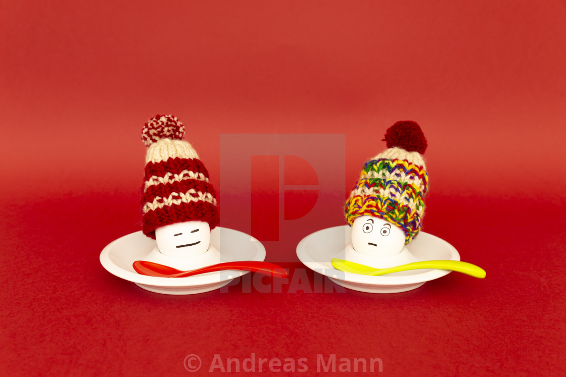 "Funny breakfast concept with boiled eggs wearing wooly hats" by Andreas Mann - $7.47 "Funny breakfast concept with boiled eggs wearing wooly hats" stock image
