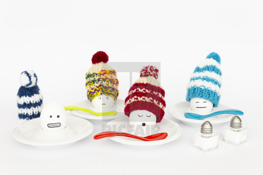 "Funny breakfast concept with boiled eggs wearing wooly hats" by Andreas Mann - $10.45 "Funny breakfast concept with boiled eggs wearing wooly hats" stock image