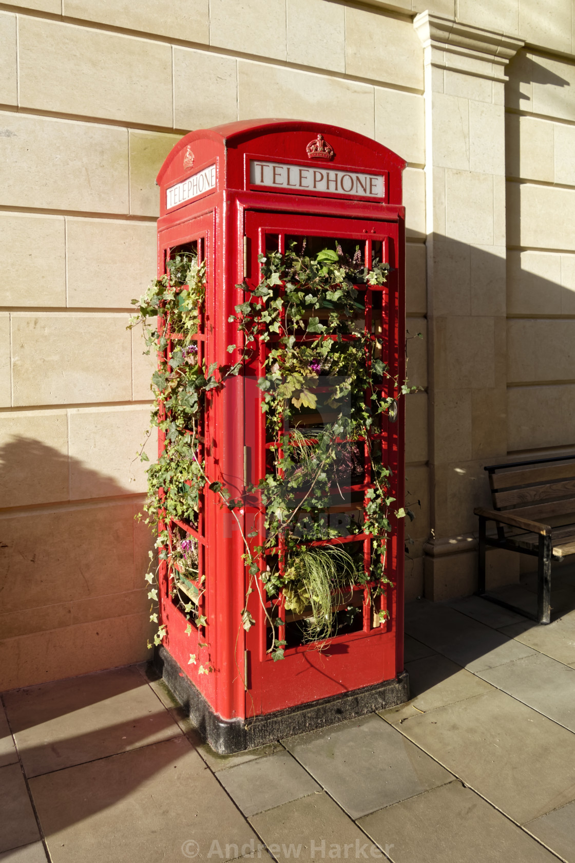 "Traditional red telephone box filled with plants" stock image