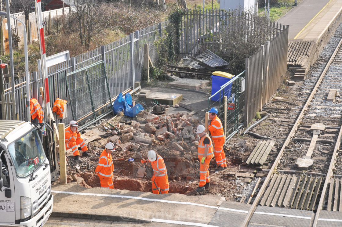 "Signal Box Demolition. Hampden Park. Eastbourne. Feb 2015." stock image