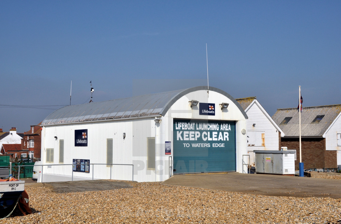 "RNLI Eastbourne inshore lifeboat boat house" stock image