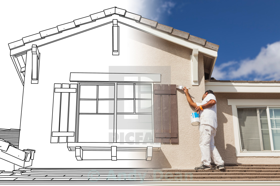 Split Screen Of Drawing And Photo Of Busy House Painter Painting