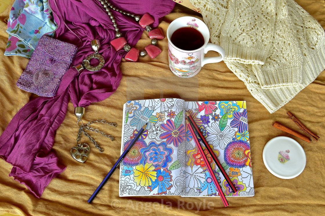 "Mindful colouring flatlay" stock image