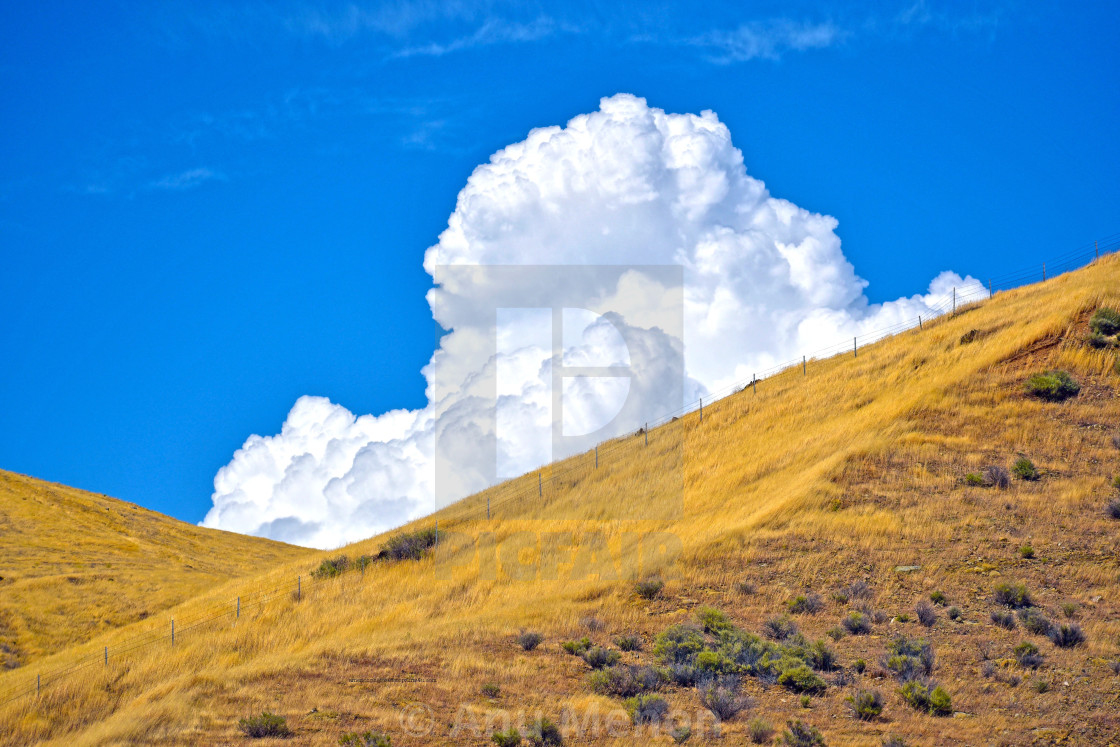 "Puffy clouds over rolling hills" stock image