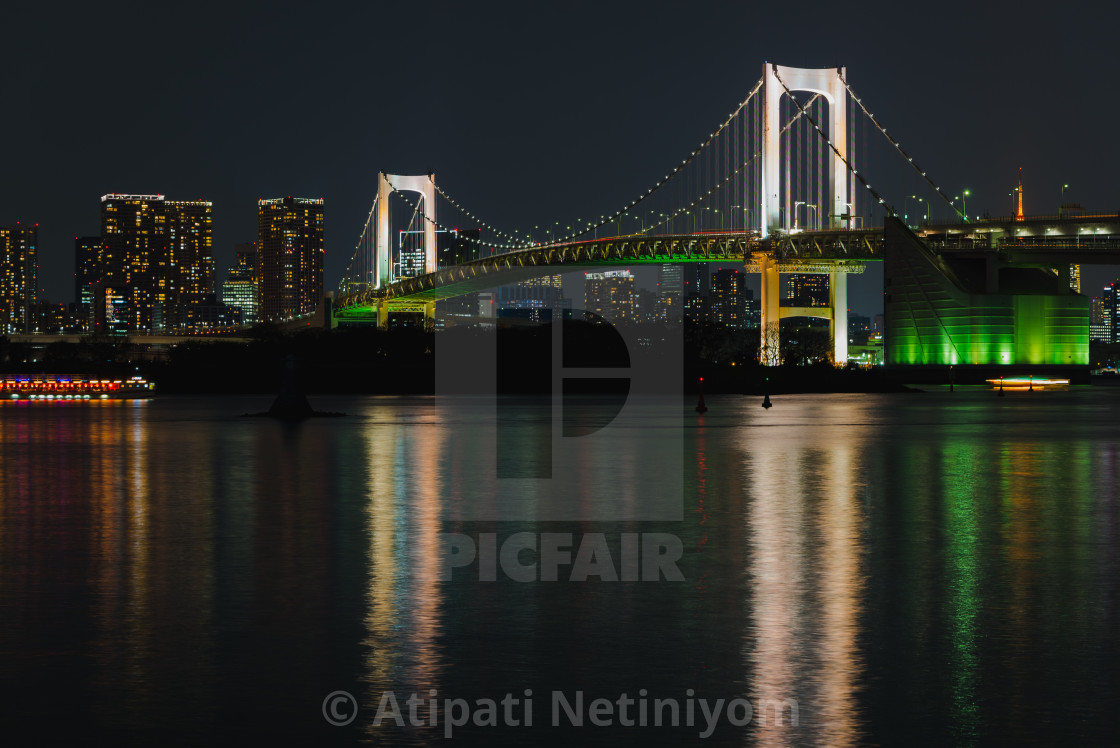 Romactic City Night View Rainbow Bridge And Tokyo Tower Landmark