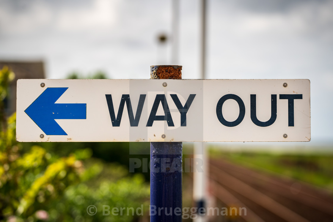 "Sign: Way Out, with blurry background" stock image