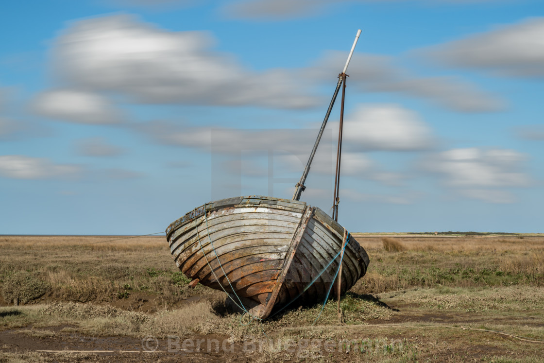"A boat in Thornham Old Harbour, Norfolk, England" stock image